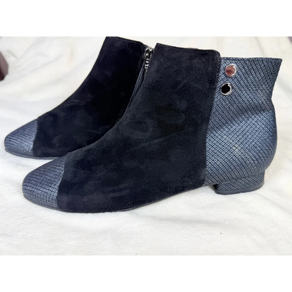 BeautiFeel Womens 37 Black Suede Metallic Ankle Boots Side Zip Low Heel Shoes
